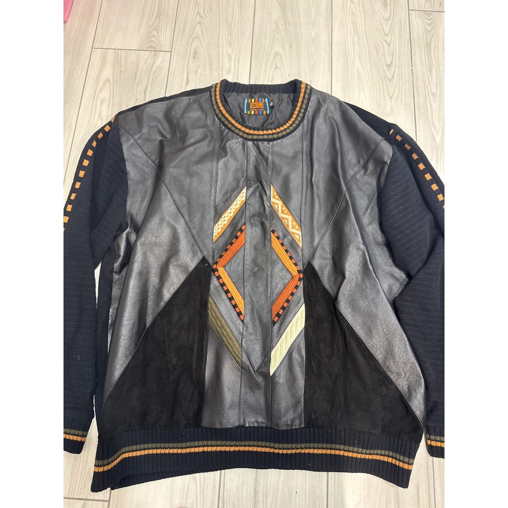Steven Land Mens 4X Leather Suede Knit Mixed Media Sweater Black Orange Diamond